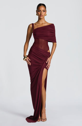 DIA Lisette Bodysuit Asymmetric Bardot Sheer Mesh Cherry Lacquer