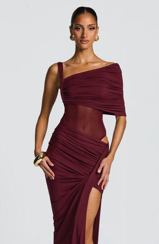 DIA Lisette Bodysuit Asymmetric Bardot Sheer Mesh Cherry Lacquer