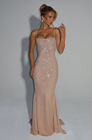 L.F Lorelei Gown Embellished Ruched Maxi Dress Nude