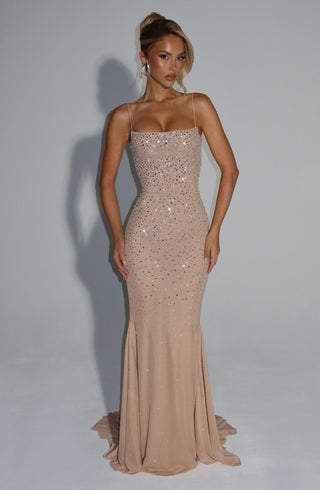 L.F Lorelei Gown Embellished Ruched Maxi Dress Nude