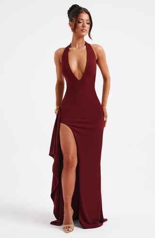 M.T Luella Maxi Dress Stretch Crepe Halterneck Burgundy