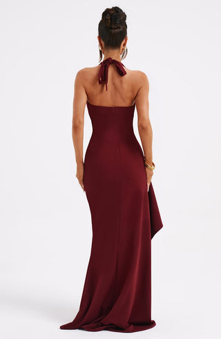 M.T Luella Maxi Dress Stretch Crepe Halterneck Burgundy