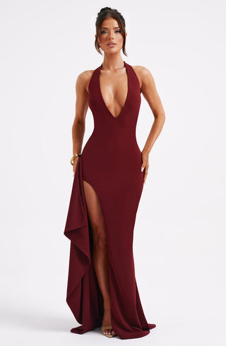 M.T Luella Maxi Dress Stretch Crepe Halterneck Burgundy