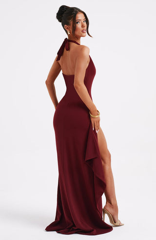M.T Luella Maxi Dress Stretch Crepe Halterneck Burgundy