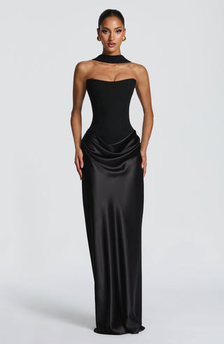 M.T Maggie Maxi Dress Crepe Bodice Satin Cowl Black