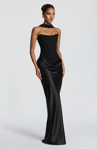 M.T Maggie Maxi Dress Crepe Bodice Satin Cowl Black