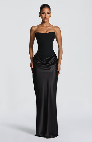 M.T Maggie Maxi Dress Crepe Bodice Satin Cowl Black