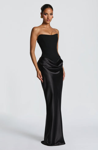M.T Maggie Maxi Dress Crepe Bodice Satin Cowl Black