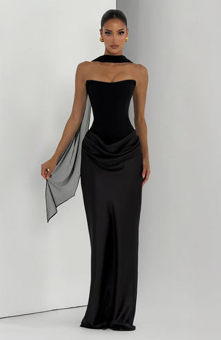 M.T Maggie Maxi Dress Crepe Bodice Satin Cowl Black