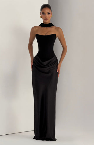 M.T Maggie Maxi Dress Crepe Bodice Satin Cowl Black