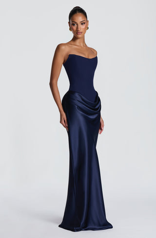 M.T Maggie Maxi Dress Crepe Bodice Satin Cowl Navy
