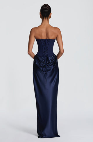 M.T Maggie Maxi Dress Crepe Bodice Satin Cowl Navy