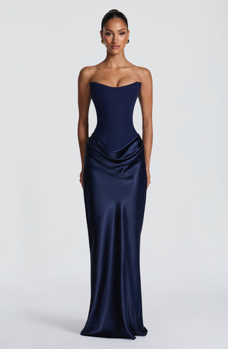 M.T Maggie Maxi Dress Crepe Bodice Satin Cowl Navy