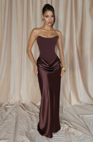 M.T Maggie Maxi Dress Strapless Crepe Satin Plum Brown