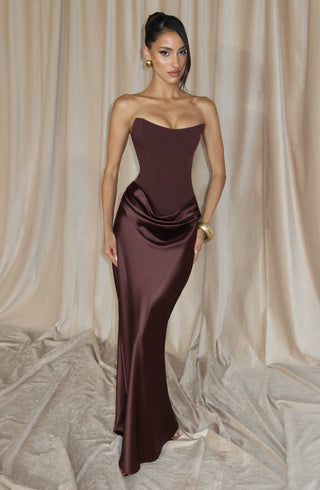 M.T Maggie Maxi Dress Strapless Crepe Satin Plum Brown