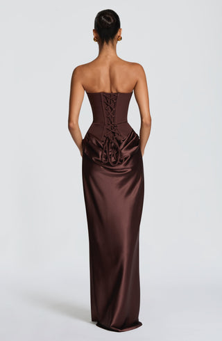 M.T Maggie Maxi Dress Strapless Crepe Satin Plum Brown