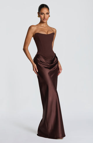 M.T Maggie Maxi Dress Strapless Crepe Satin Plum Brown