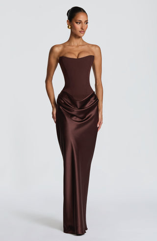 M.T Maggie Maxi Dress Strapless Crepe Satin Plum Brown