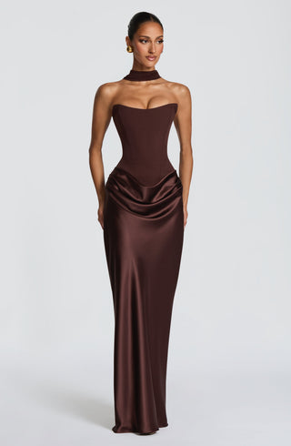 M.T Maggie Maxi Dress Strapless Crepe Satin Plum Brown