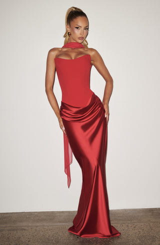 M.T Maggie Maxi Dress Strapless Crepe Satin Red