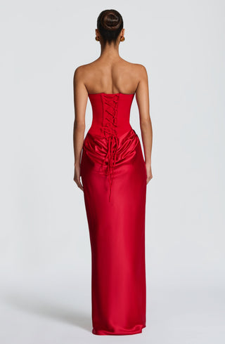 M.T Maggie Maxi Dress Strapless Crepe Satin Red