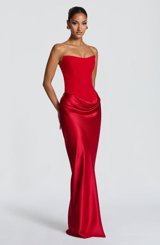 M.T Maggie Maxi Dress Strapless Crepe Satin Red