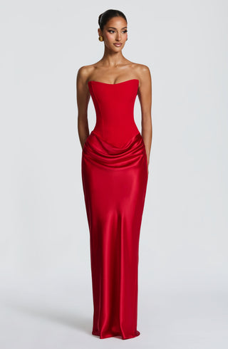 M.T Maggie Maxi Dress Strapless Crepe Satin Red