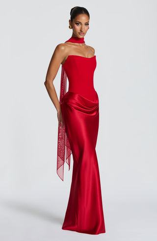 M.T Maggie Maxi Dress Strapless Crepe Satin Red