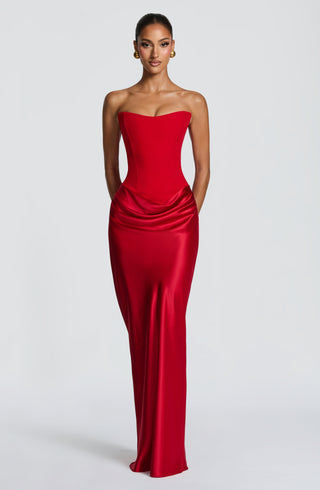 M.T Maggie Maxi Dress Strapless Crepe Satin Red