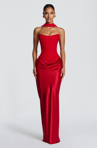 M.T Maggie Maxi Dress Strapless Crepe Satin Red