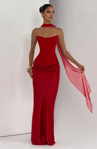 M.T Maggie Maxi Dress Strapless Crepe Satin Red