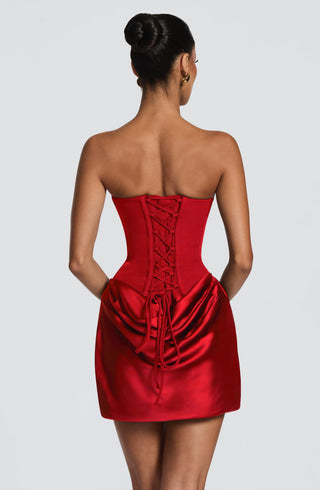 M.T Maggie Mini Dress Corset Bodice Satin Cowl Overlay Red