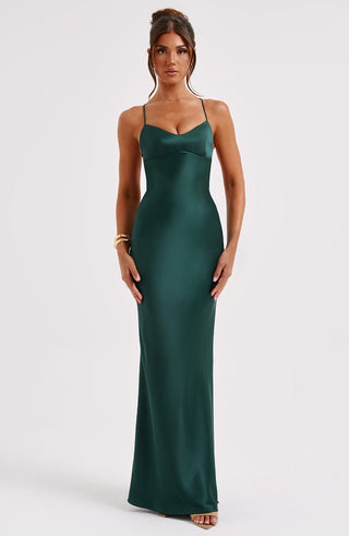 M.T Malika Maxi Dress Satin Bias Cut Emerald