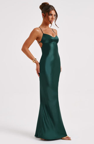 M.T Malika Maxi Dress Satin Bias Cut Emerald
