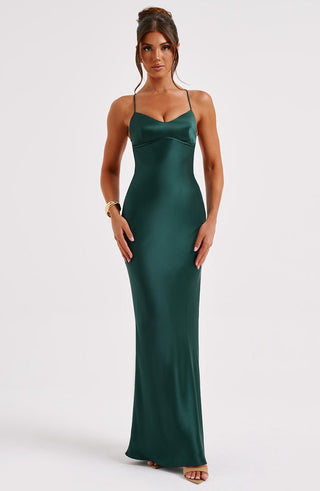 M.T Malika Maxi Dress Satin Bias Cut Emerald