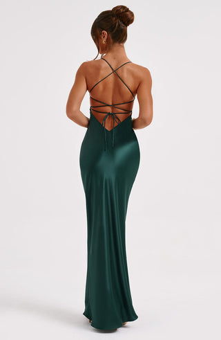 M.T Malika Maxi Dress Satin Bias Cut Emerald