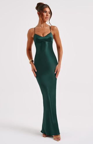 M.T Malika Maxi Dress Satin Bias Cut Emerald