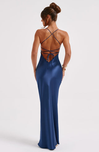 M.T Malika Maxi Dress Satin Bias Cut Navy