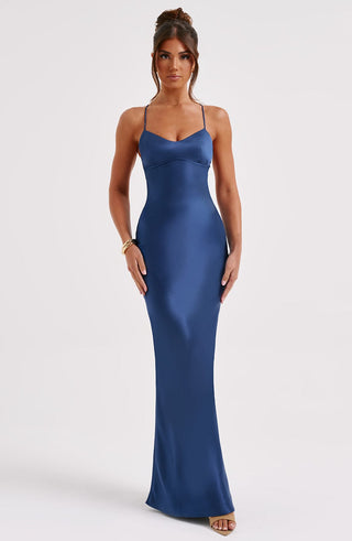 M.T Malika Maxi Dress Satin Bias Cut Navy