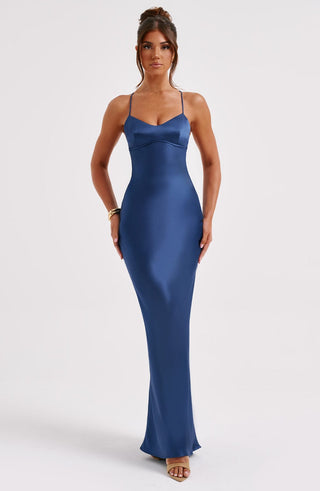 M.T Malika Maxi Dress Satin Bias Cut Navy