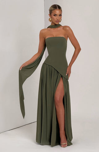 DIA Maliyah Maxi Dress Crepe Bodice Chiffon Khaki