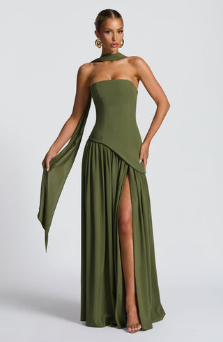 DIA Maliyah Maxi Dress Crepe Bodice Chiffon Khaki
