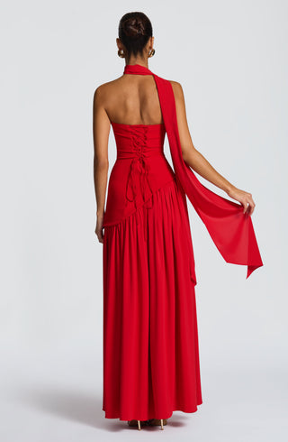 DIA Maliyah Maxi Dress Chiffon Skirt Lace-Up Back Red