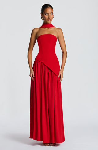 DIA Maliyah Maxi Dress Chiffon Skirt Lace-Up Back Red