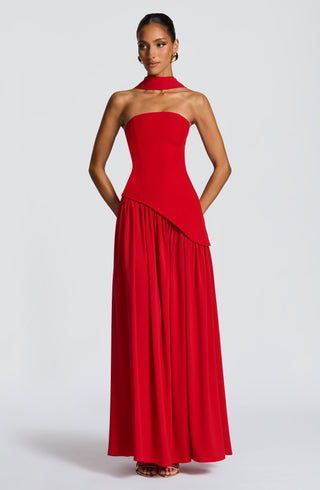 DIA Maliyah Maxi Dress Chiffon Skirt Lace-Up Back Red
