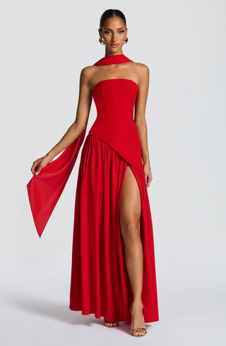 DIA Maliyah Maxi Dress Chiffon Skirt Lace-Up Back Red