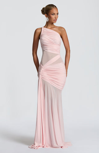 DIA Marianne Maxi Dress Asymmetrical Neckline Slinky Jersey Blush