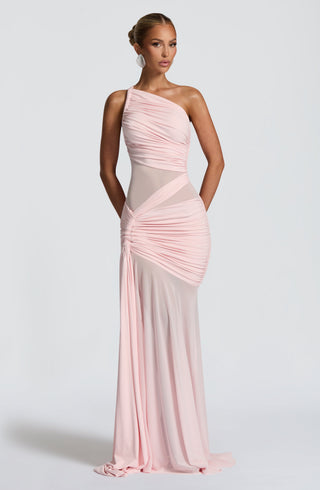 DIA Marianne Maxi Dress Asymmetrical Neckline Slinky Jersey Blush