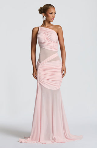DIA Marianne Maxi Dress Asymmetrical Neckline Slinky Jersey Blush