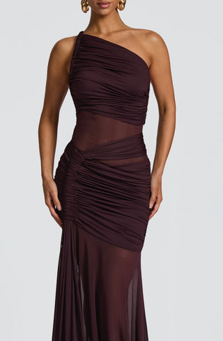 DIA Marianne Maxi Dress Asymmetric Mesh Panel Plum